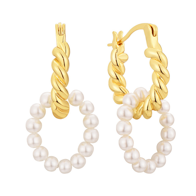 E0696 Fashion Baroque Vintage Earrings for Women Brass Gold-Plated Braided Pattern Shell Pearl Earrings