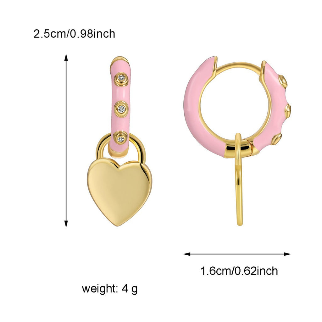E0503 Fashion Pink Epoxy Micro Inlaid White Zircon Earrings for Women Fresh Sweet Cool Heart-shaped Drop Earrings