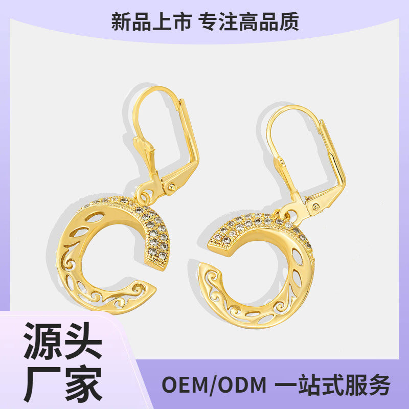 E0326 Korean Style Simple Hollow Out Design C Zirconia Inlaid Earrings for Women Copper Plated18K Gold Fashion Earrings