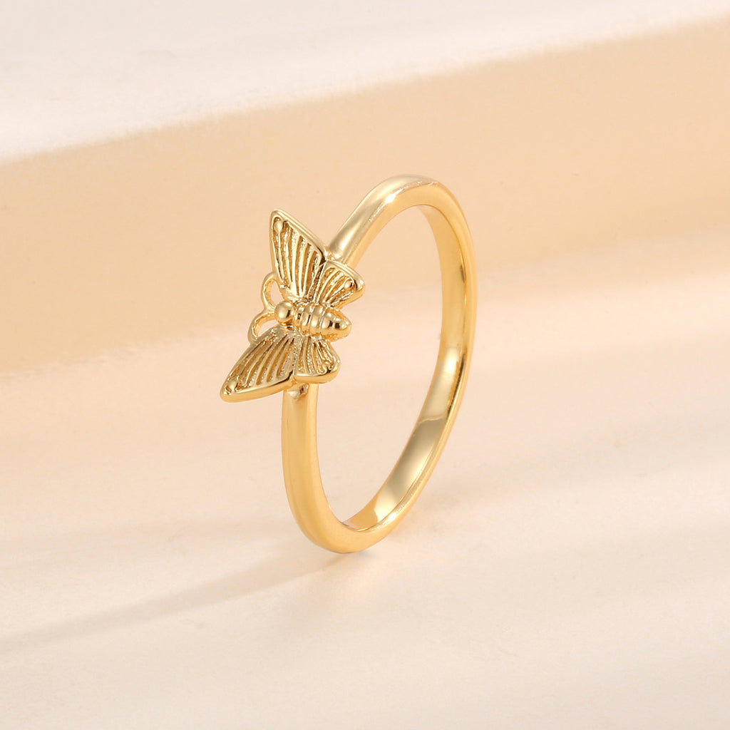 R0470 Japanese and Korean Style Small Fragrance Design Butterfly Shape Ring for Women Copper Plated with Real Gold Simple Smooth Surface Ring