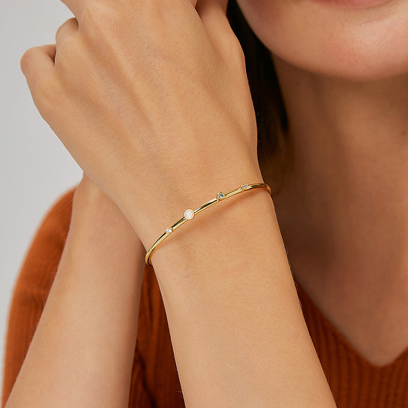 B0083 gold Round Open Adjustable Bracelet for Women, Simple Design with Zircon Inlay