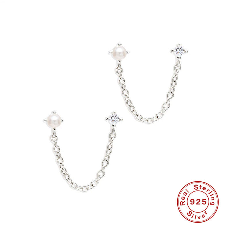 S925Pure Silver Wind Tassel Ear Thread Chain Style Single Diamond Pearl Earrings Stud Hot Selling Wind Ear Jewelry