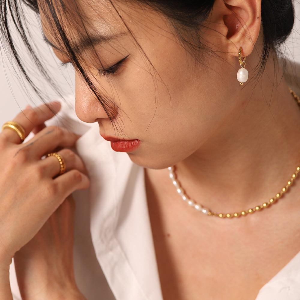 French Freshwater Pearl Twist Hoop Earrings Stainless Steel18KPvd Gold-plated high-quality jewelry pendant earrings for women