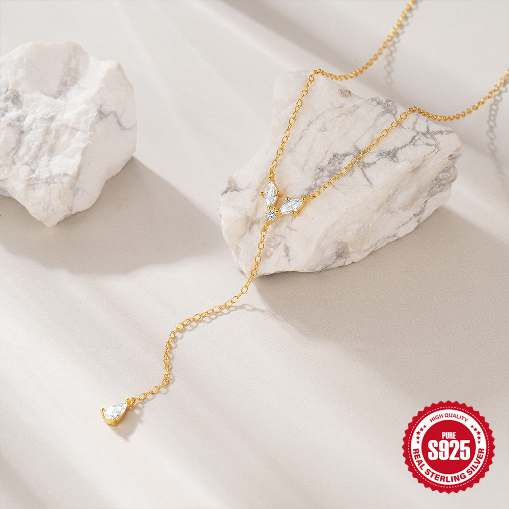 S925 Sterling Silver Diamond Geometric Y Water Drop Necklace