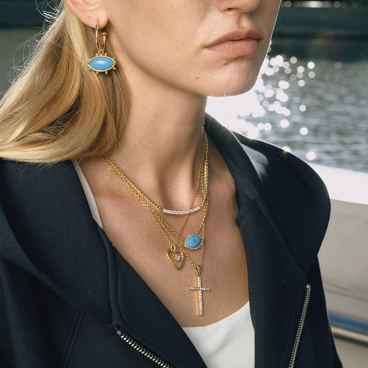 2H 18K Gold Cross Necklace Zircon Collarbone Chain Stainless Steel Jewelry for Women