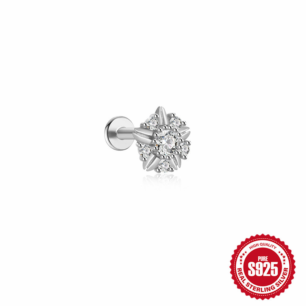 S925Sterling Silver Flat Push Piercing Zircon Earrings Fan-shaped Tassel Ear Jewelry Ear Cuff