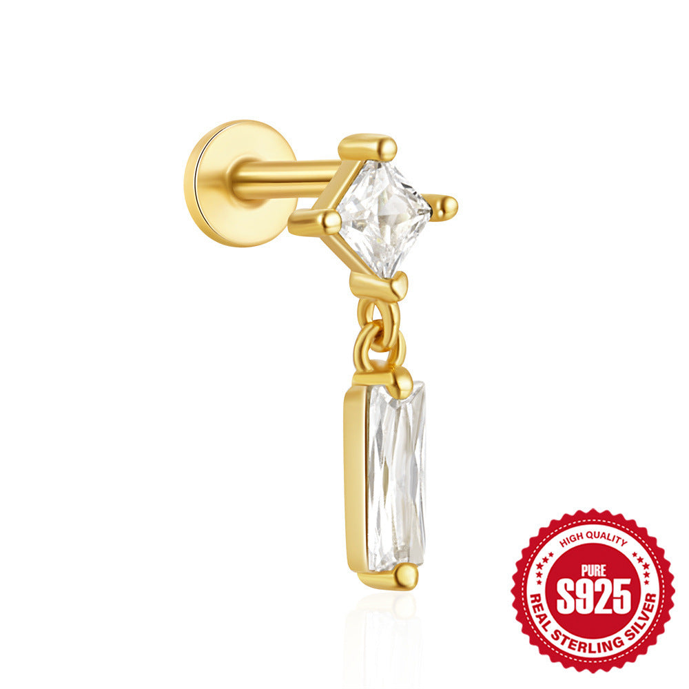 S925Sterling Silver Flat Threaded Piercing Chain Earrings Hot Sale Fashion Inlaid Diamond Opal Ear Bone Stud Earrings for Women