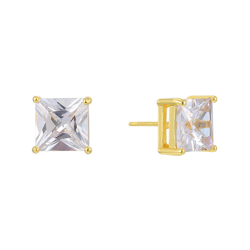E0777 Simple Four-Prong Square Zircon Earrings for Women Copper Plated18K Gold Fashion Earrings