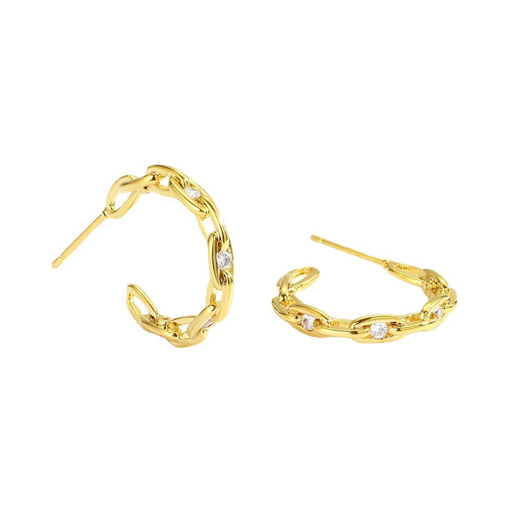 E0090 Earrings Simple Design Metal Hollow Chain Inlaid Diamond Hoop Earrings for Women Fashion Retro