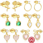 S925Sterling Silver Rose Flower Heart Diamond Stud Earrings for Women Korean Style Romantic Mini Petite Three-Dimensional Small Flower Ear Jewelry