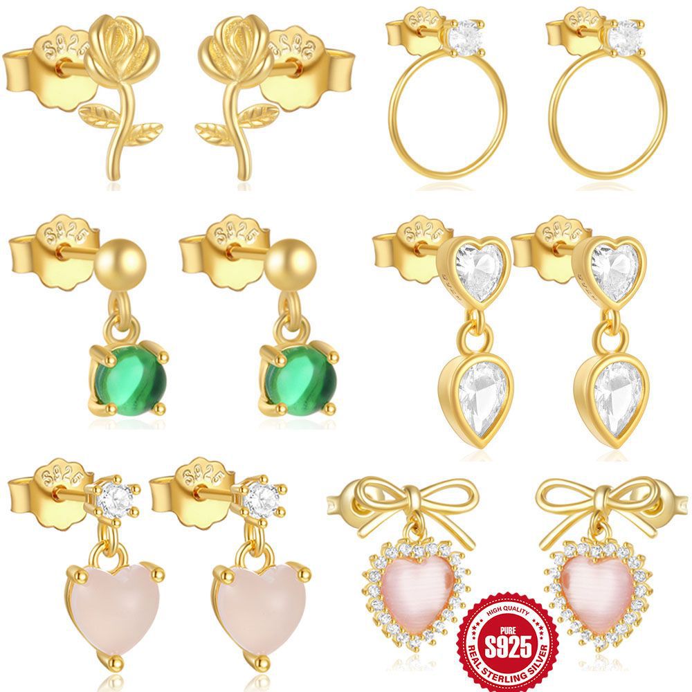 S925Sterling Silver Rose Flower Heart Diamond Stud Earrings for Women Korean Style Romantic Mini Petite Three-Dimensional Small Flower Ear Jewelry