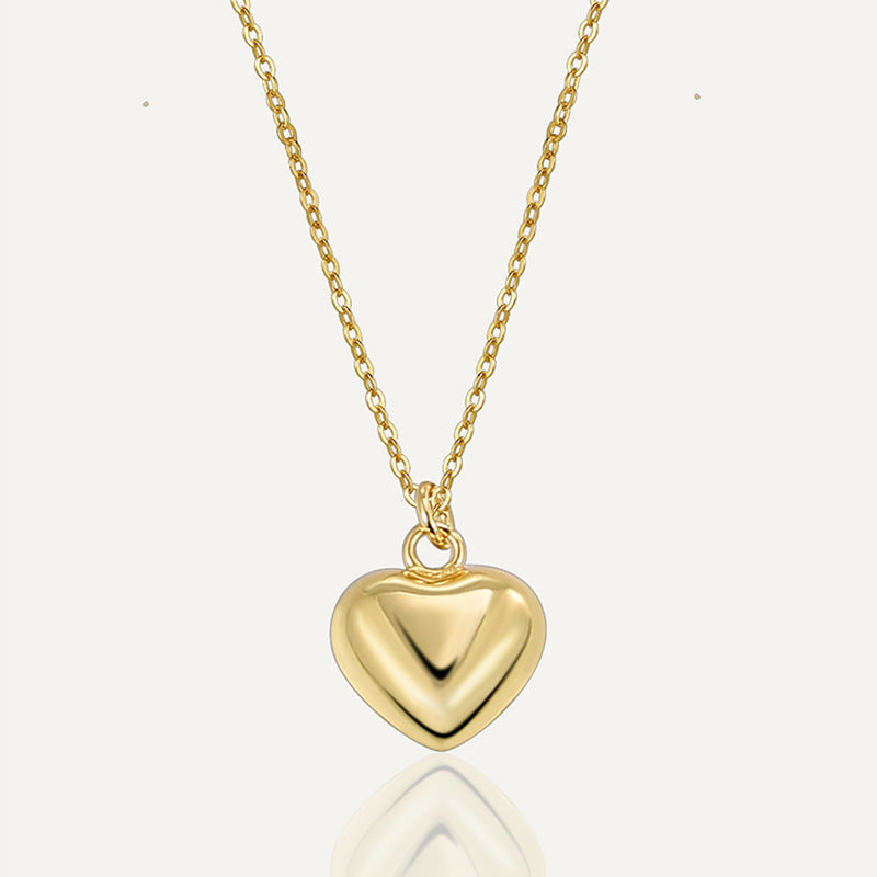 N0294 Simple Versatile Heart Pendant Necklace for Women Brass Gold-Plated Smooth Surface 3D Heart Fashion Necklace