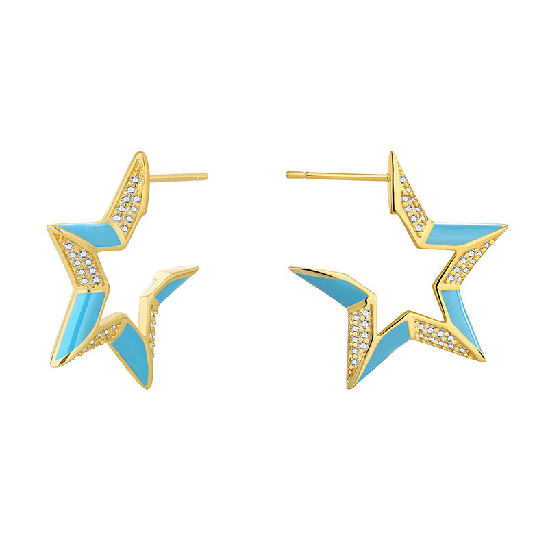 E0498 Fashion Five-Pointed Star Simple Resin Earrings for Women Copper Gold-Plated Zircon Star Earrings