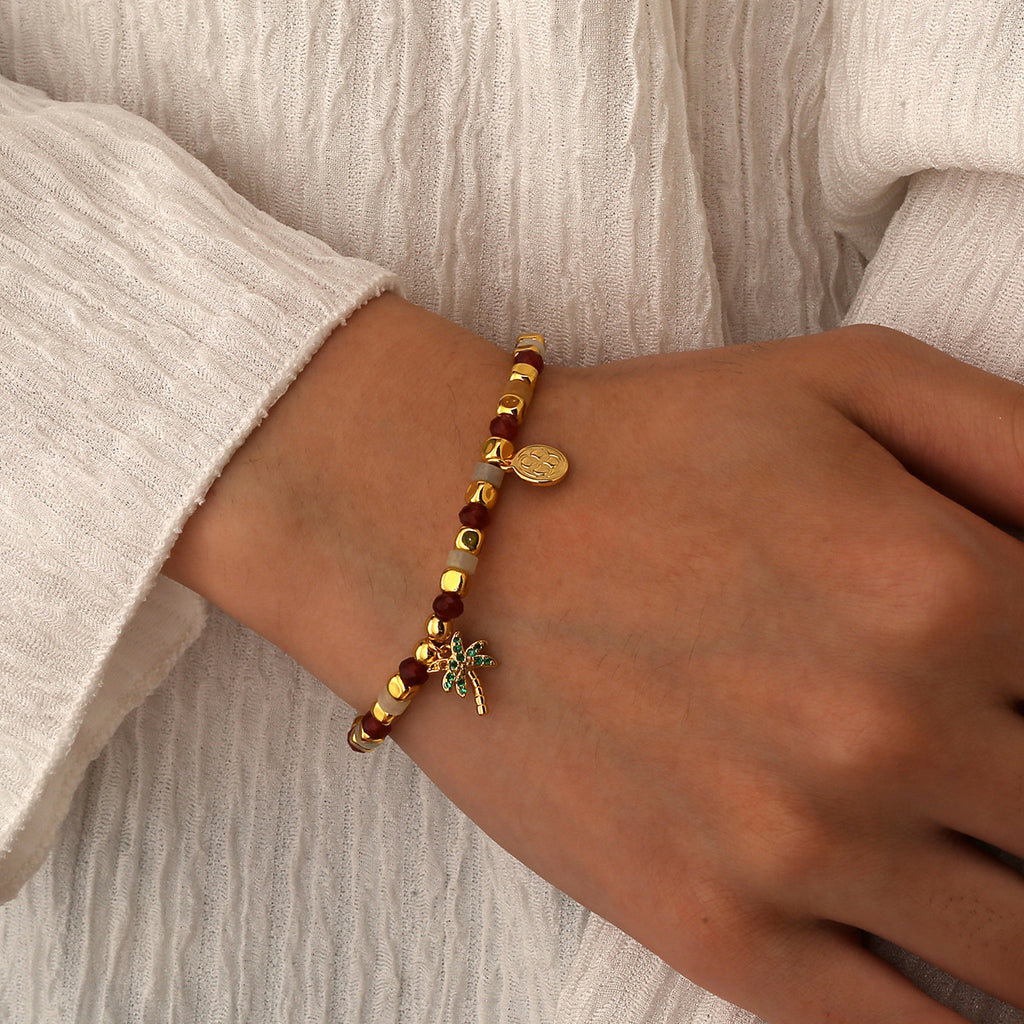 B0271 Bohemian Beach Coconut Tree Shape Chalcedony Stone Beaded Vintage Bracelet