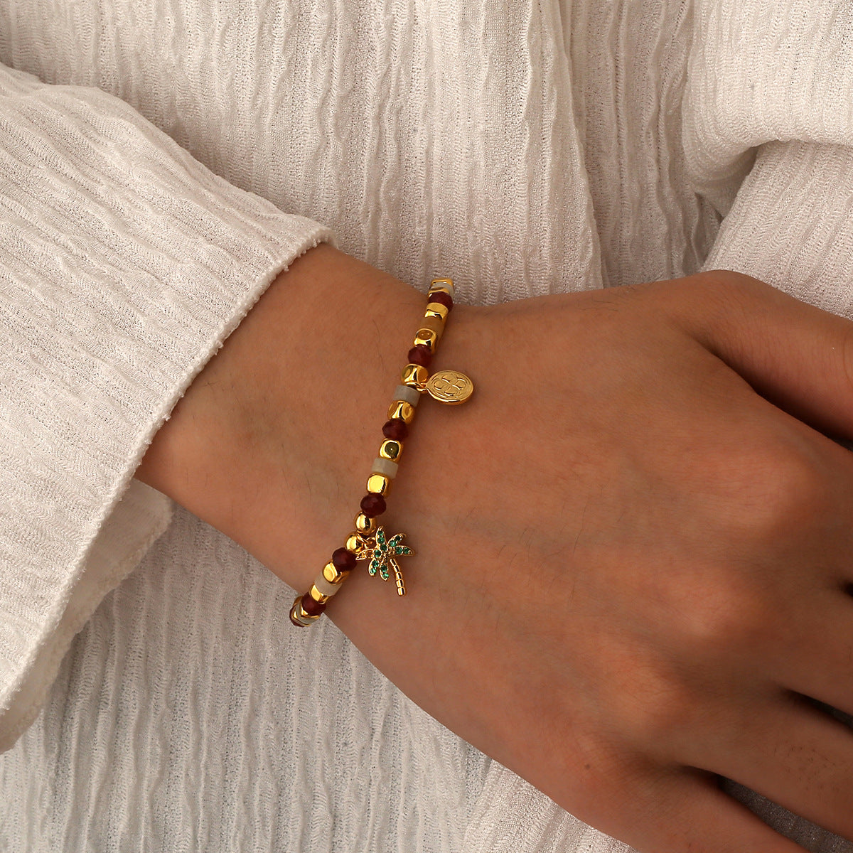 B0271 Bohemian Beach Coconut Tree Shape Chalcedony Stone Beaded Vintage Bracelet