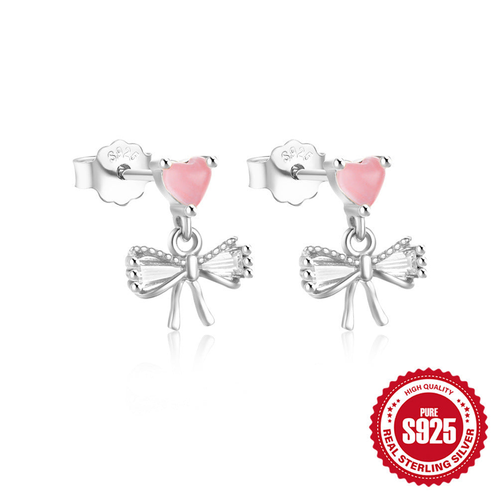 New S925Sterling Silver Bowknot Colorful Diamond Inlaid Heart Stud Earrings Hot-Selling Fashion Earrings