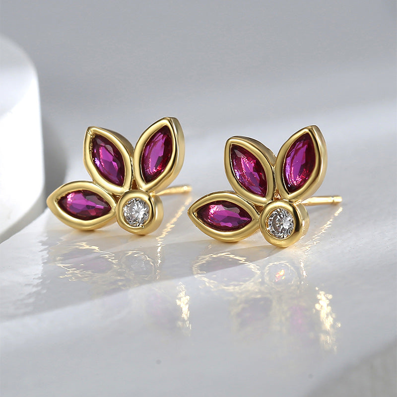 E0604 Xiaoxiang Fashion Autumn Winter Earrings for Women Clover Inlaid with Purple Zircon Stud Earrings