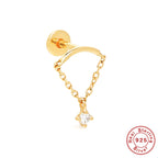 S925Sterling Silver Inlaid Diamond Tassel Chain Flat Head Threaded Piercing Ear Bone Stud Fashion Style Earrings