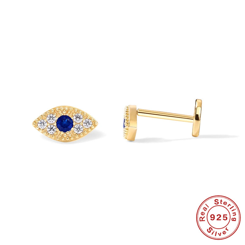 S925Sterling Silver Diamond-Encrusted Devil's Eye Flat Head Threaded Piercing Cartilage Earrings Snake Smiley Face Ear Bone Studs for Women