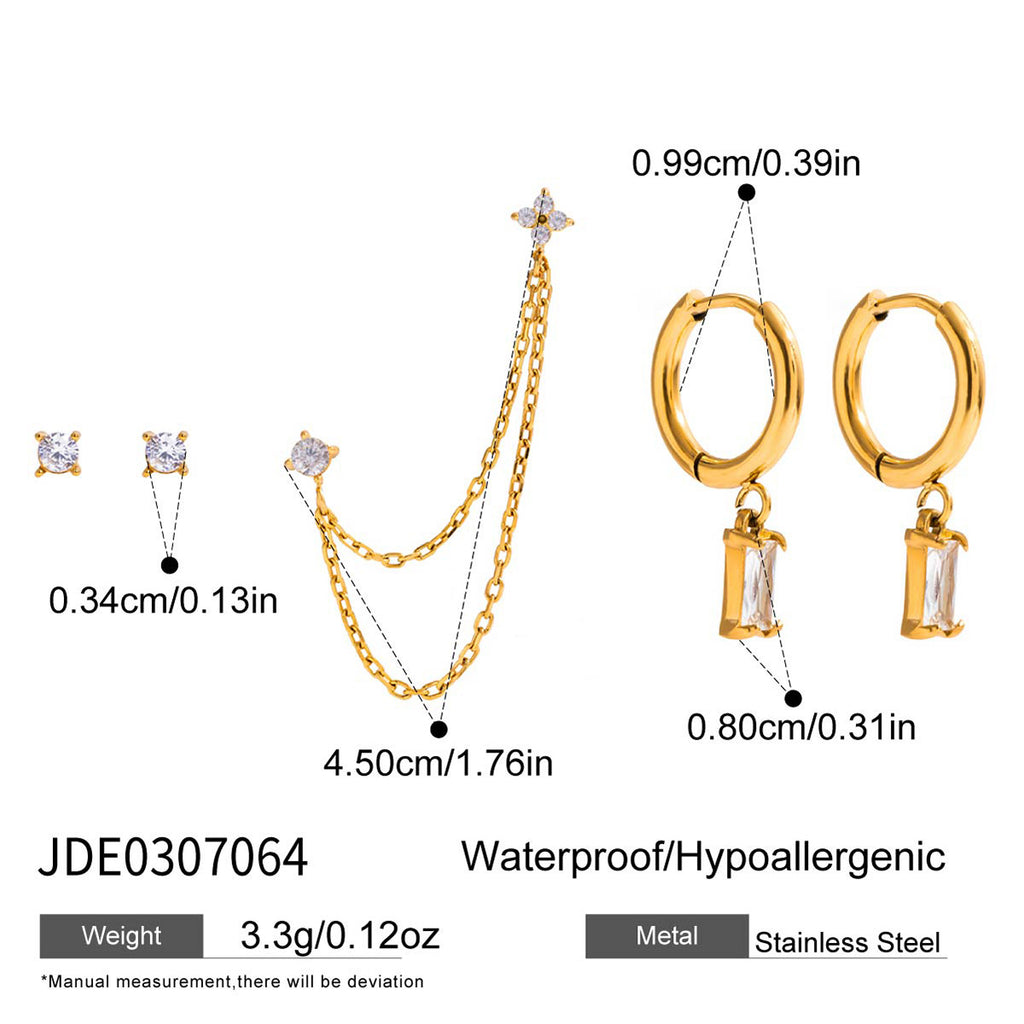 2H Zircon Earrings Studs Multiple Pairs One Card Stainless Steel Ear Jewelry Non-Fading