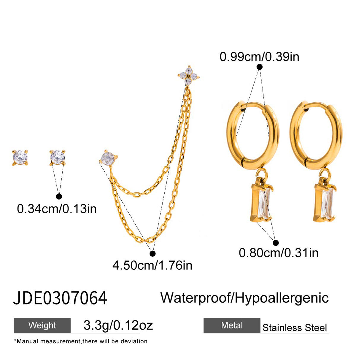 2H Zircon Earrings Studs Multiple Pairs One Card Stainless Steel Ear Jewelry Non-Fading