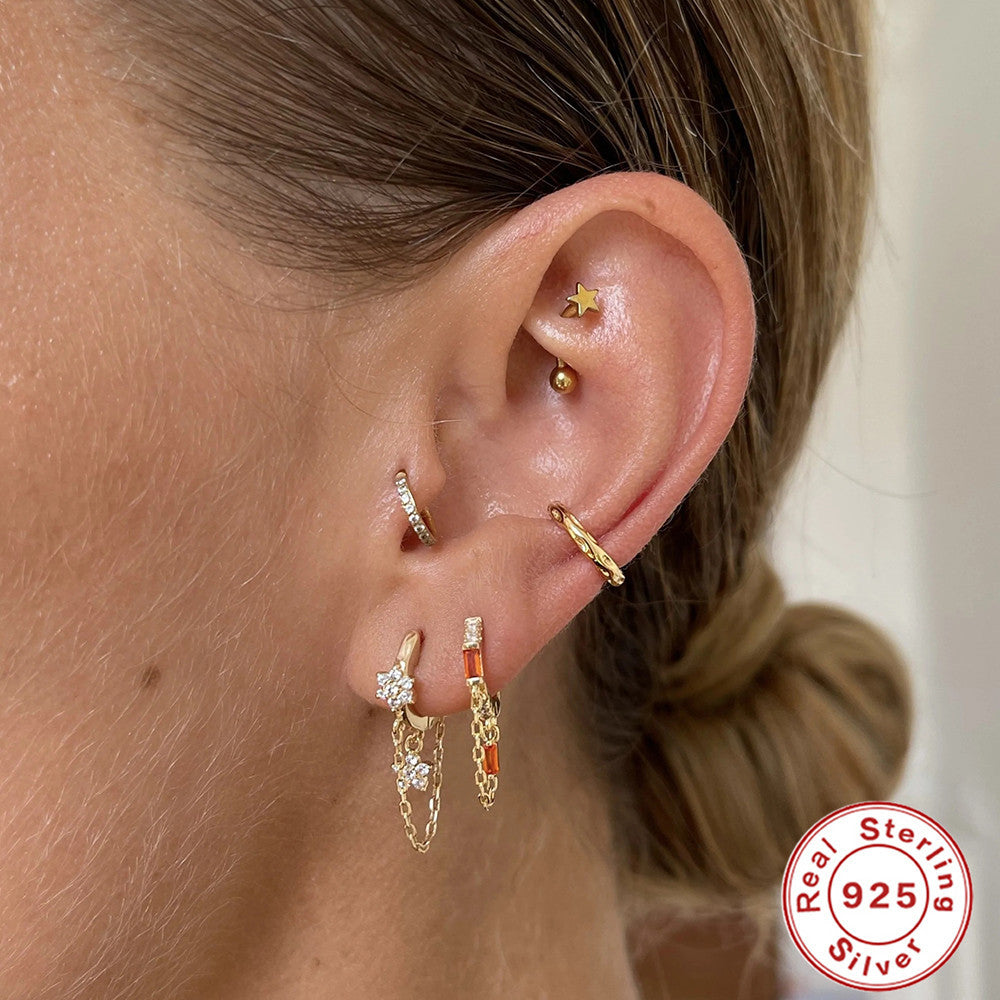 S925Pure Silver Geometric Tassel Chain Square Zircon Pendant Earrings Hoop Earrings New Earrings for Women