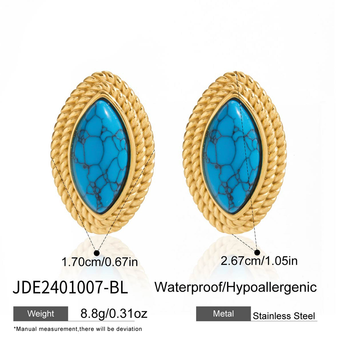 2H Agate Earrings Stainless Steel Blue Turquoise Jewelry Non-Fading