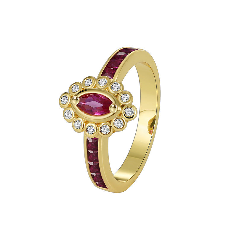 R0377 Fashion Retro Red Zircon Ring for Women Brass Gold-Plated Tail Ring