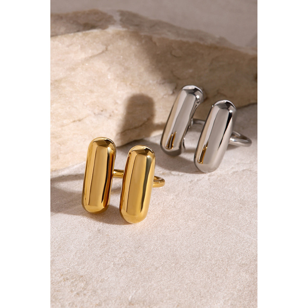 2H 18K Gold Stainless Steel Ring Fashion Trend Unique Double Capsule Shape Open Ring