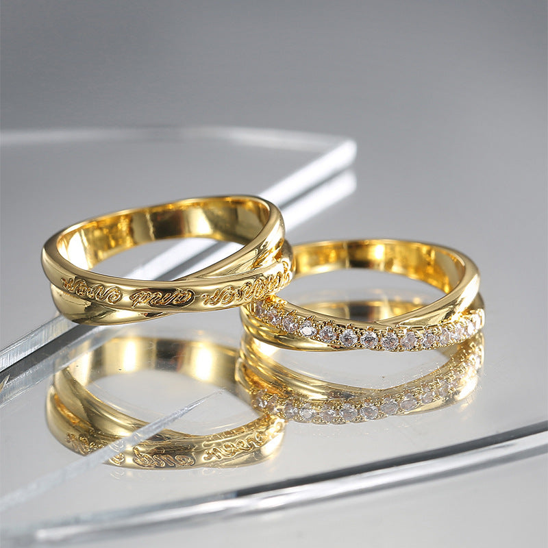 R0536 Fashion Creative Design Letter Print Zircon Ring for Women Brass Gold-Plated Simple Set Ring