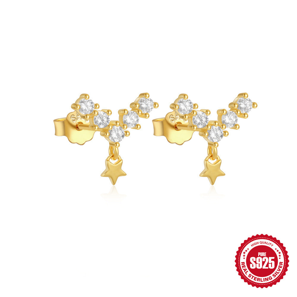 New S925Sterling Silver Stud Earrings V Full Diamond Star Flower Earrings Korean and Japanese Fashion Cute Bowknot Earrings for Women