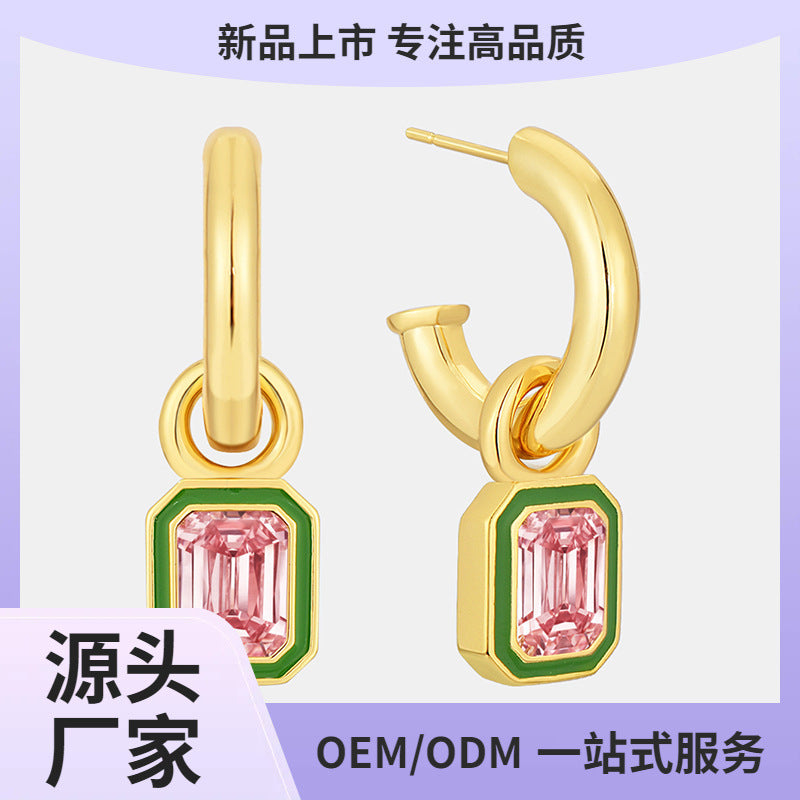 E0632 Elegant Retro Geometric Octagon Earrings for Women with Green Resin Inlaid Pink Zirconia