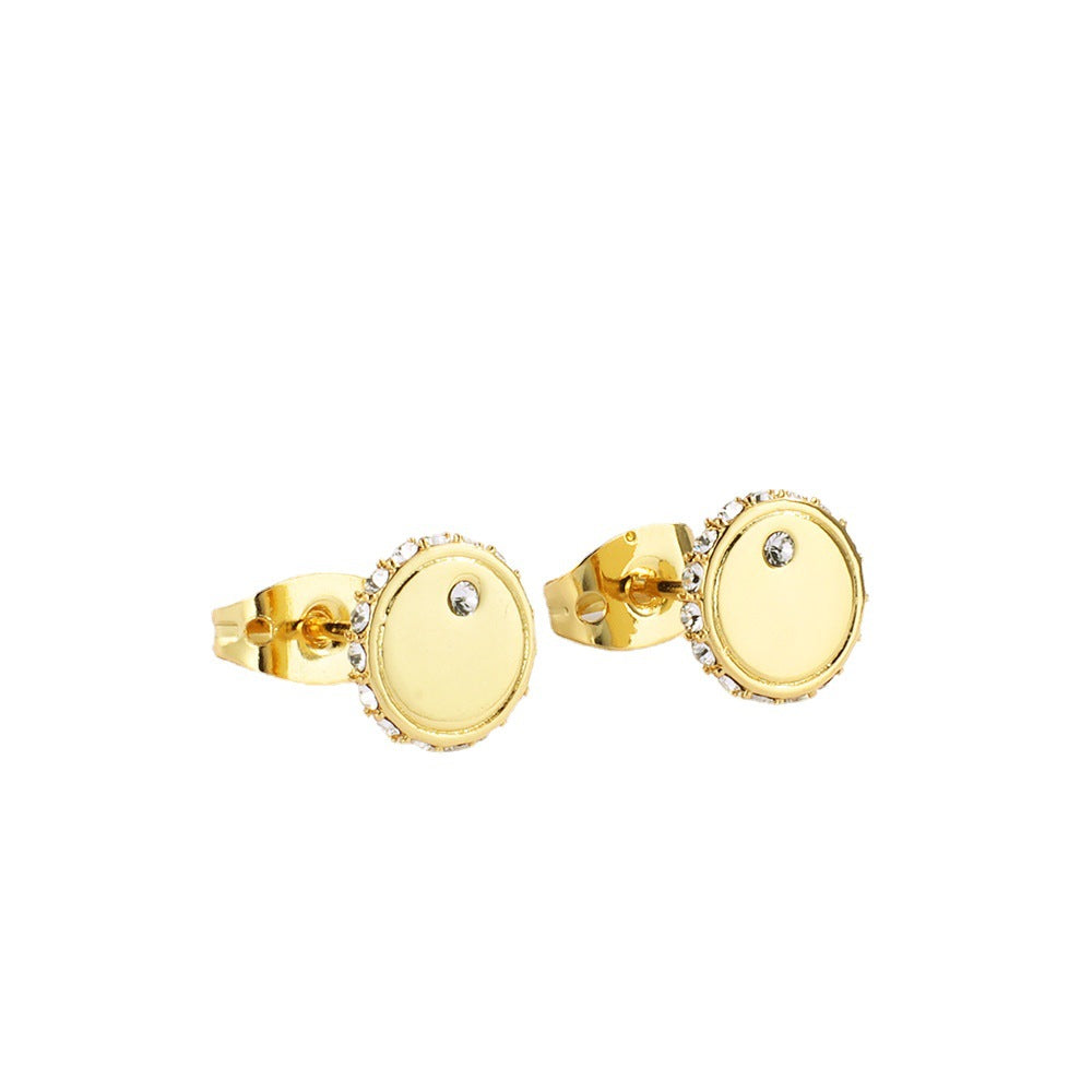 E0071 Simple Geometric Round Earrings for Women, Copper Gold-Plated with Inlaid Diamonds, Trendy Export Jewelry