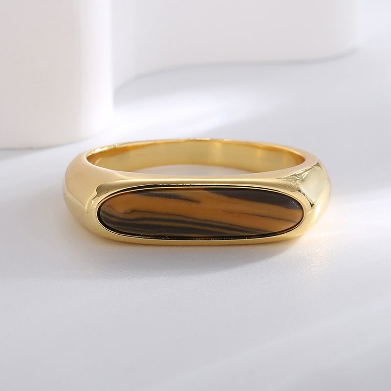 R0301 Simple Elegant Tiger Eye Stone Ring for Women Copper Plated with Real Gold Vintage Melad Ring