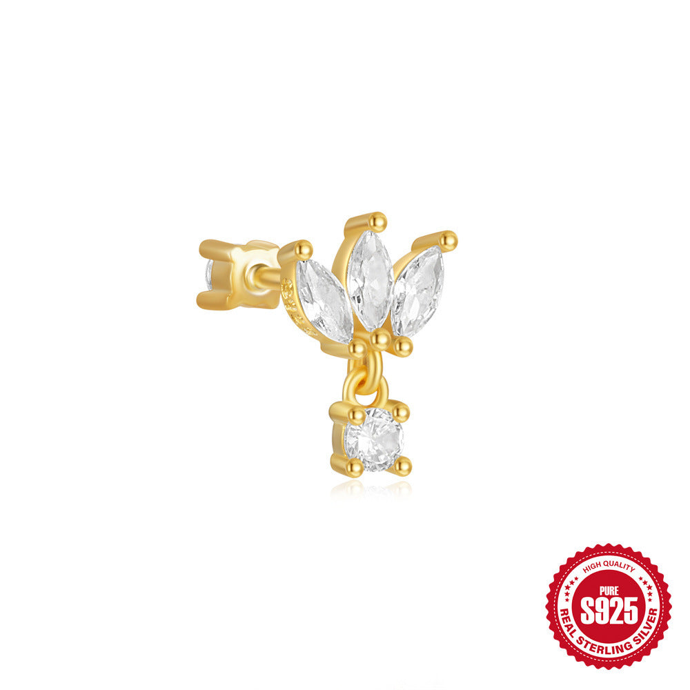 S925Sterling Silver Horse Eye Inlaid Diamond Crown Double-Sided Wearable Soft Bone Threaded Piercing Ear Bone Stud New Earrings for Women