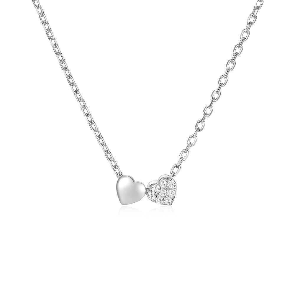 S925 Sterling Silver Double Heart Collarbone Necklace With Diamond