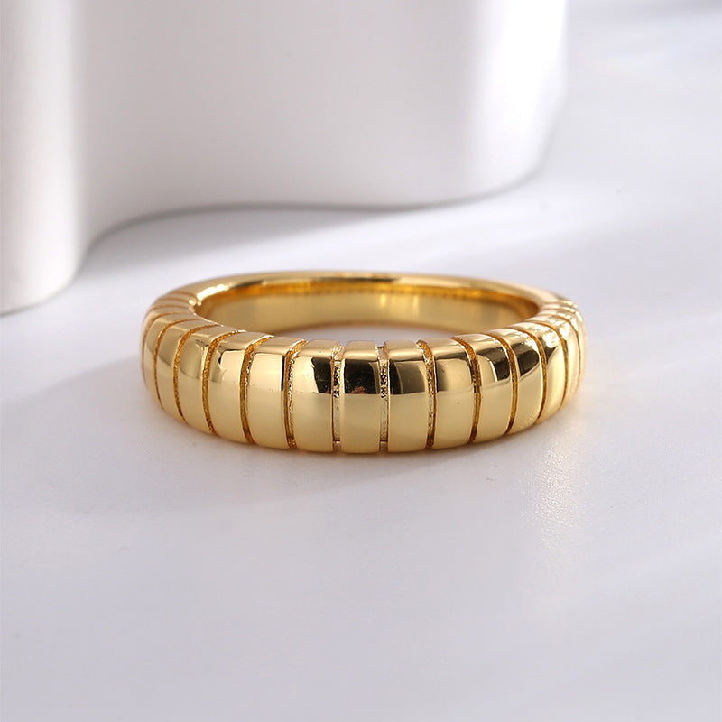 R0323 Vintage Horn Bag Texture Ring for Women, Brass Gold-Plated Simple Smooth Ring