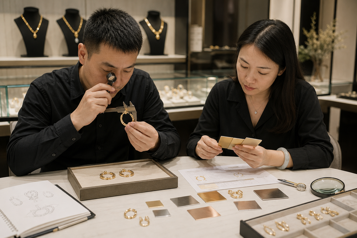 Chinese jewelry sourcing specialists comparing material, dimensions and finish specifications