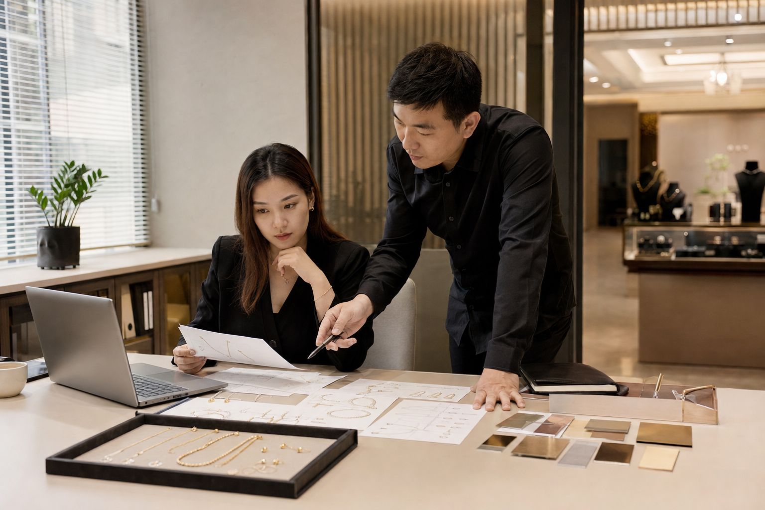 Chinese wholesale jewelry team reviewing a buyer brief, product references and material options