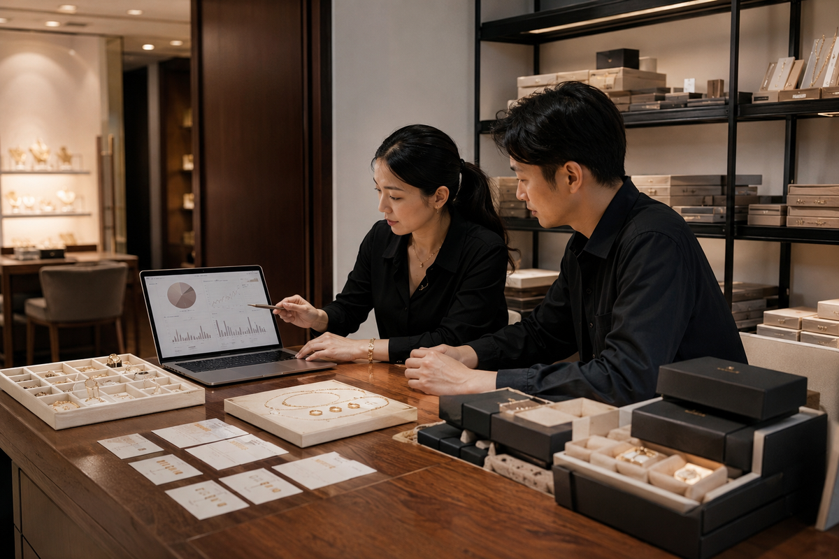 Chinese jewelry team reviewing bestseller data and planning a wholesale reorder