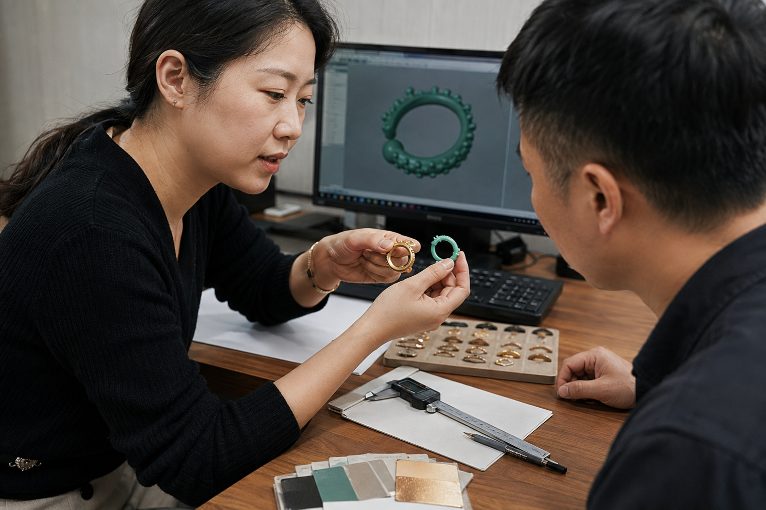 Chinese jewelry development team comparing a finished ring, wax prototype and CAD design