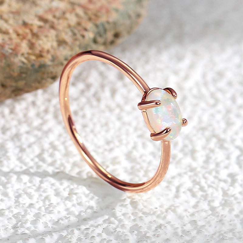 R0289 Gold-Plated Brass Ring for Women, Simple Inlaid Opal Versatile Ring