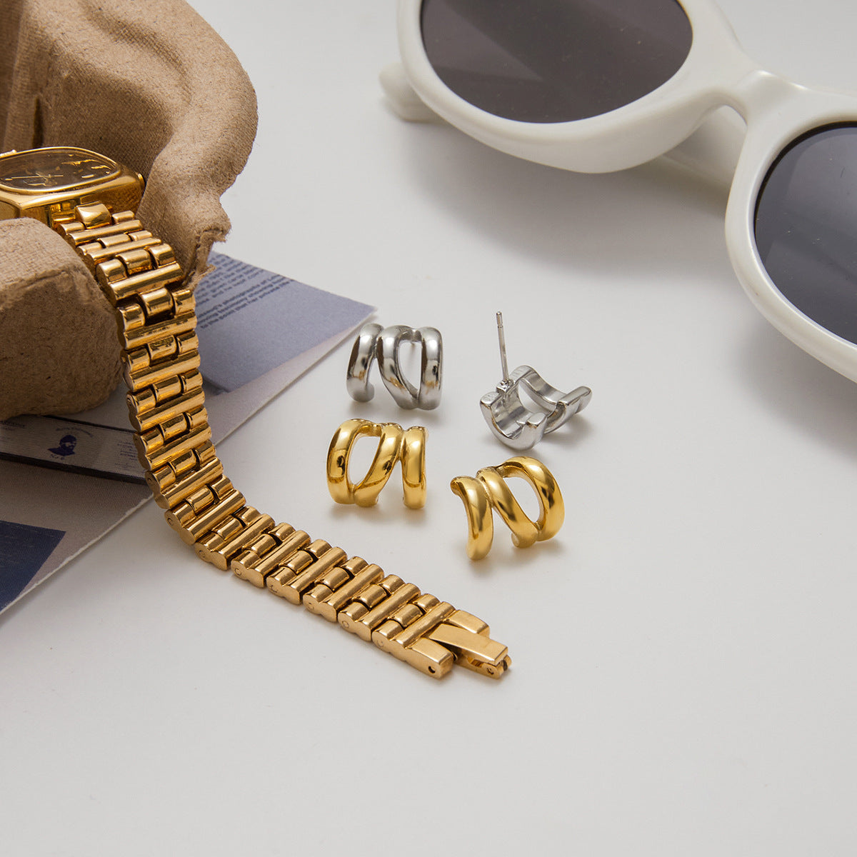 14K Gold Stainless Steel Three-Layer Hollow Earrings Jewelry for Women