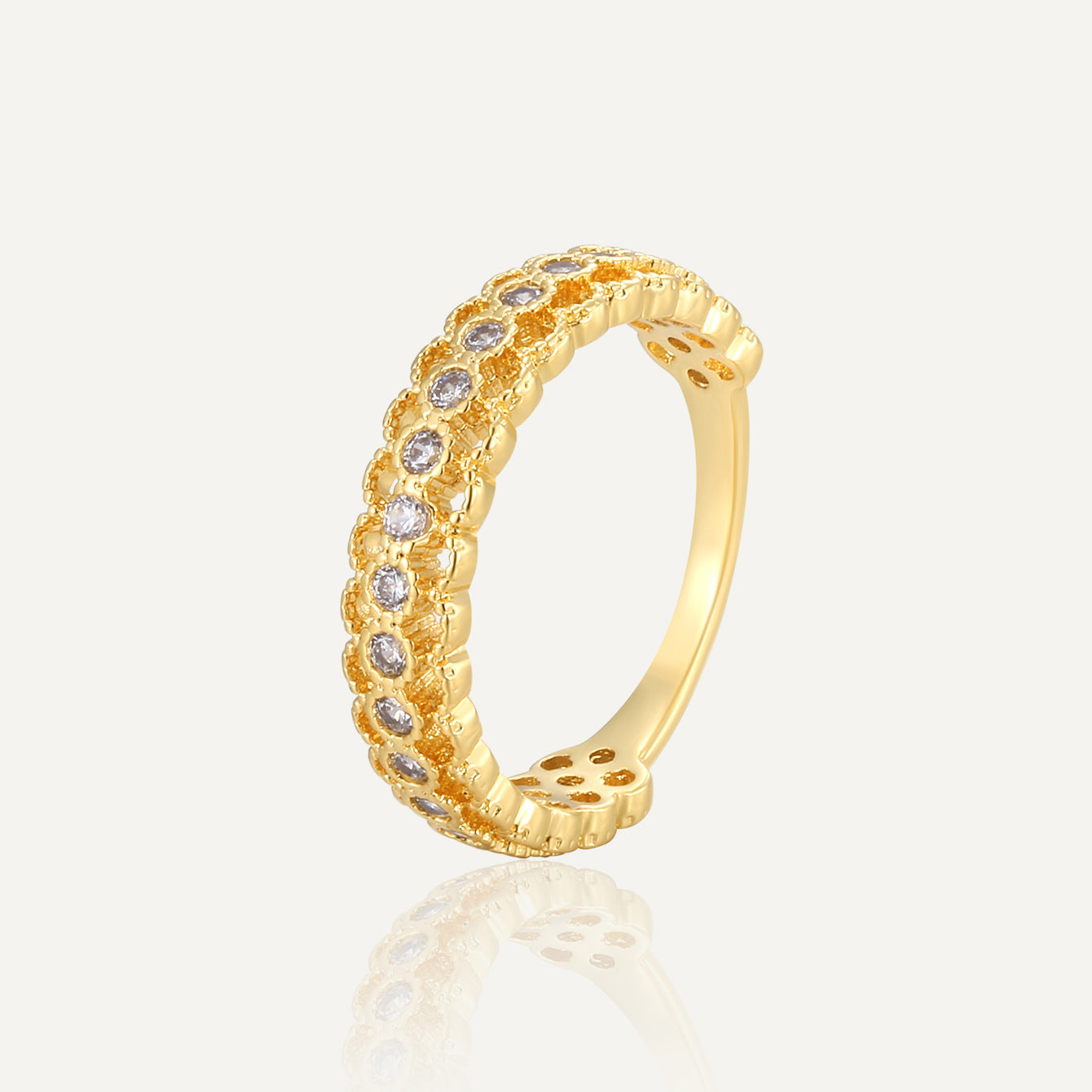 R0152 French Style Copper Gold-Plated Vintage Versatile Minimalist Ring for Women with Zircon Inlay