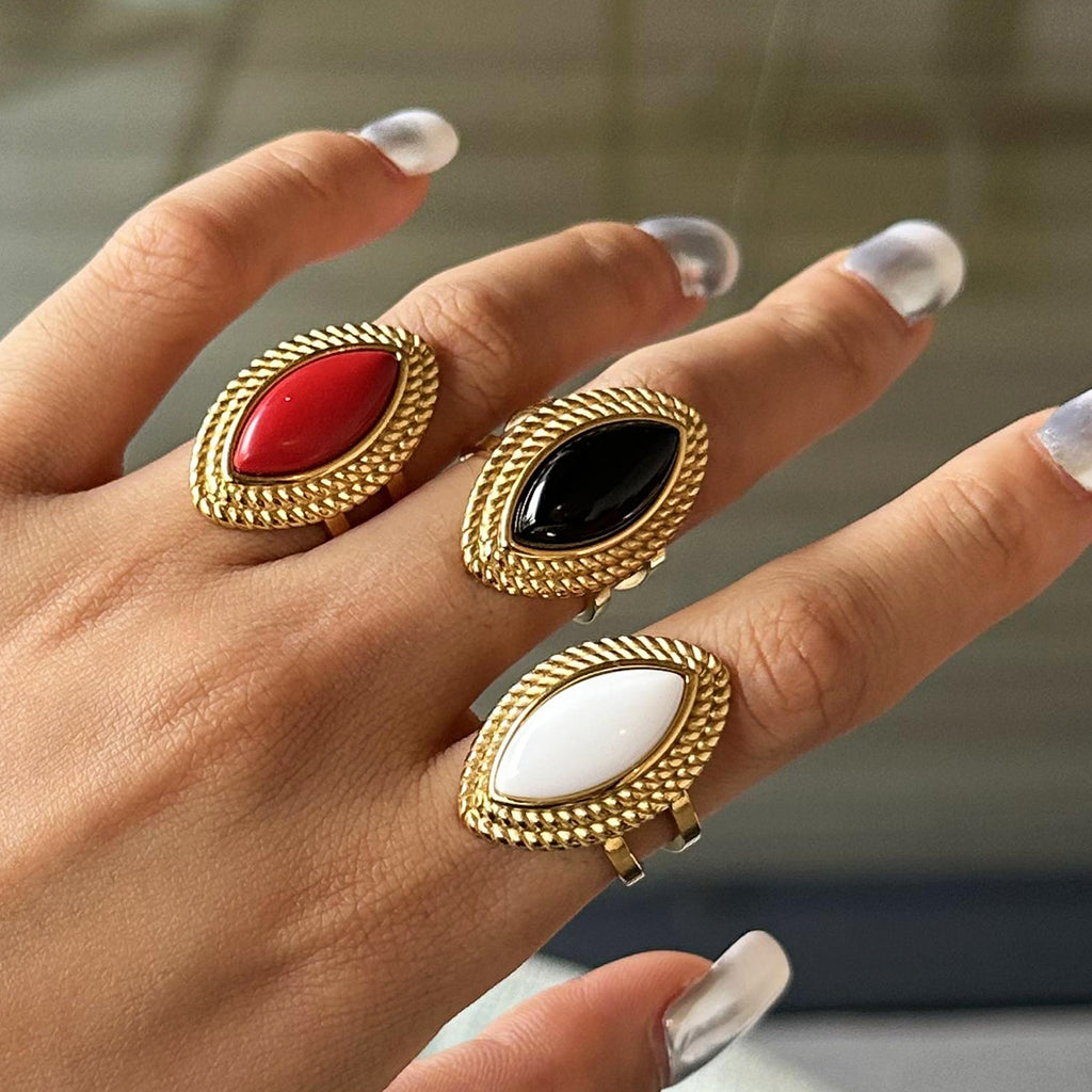 Stainless Steel18K Gold and Black Agate Open Ring Heavy Craft Retro Export Jewelry for Women