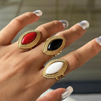 Stainless Steel18K Gold and Black Agate Open Ring Heavy Craft Retro Export Jewelry for Women