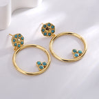 E0648 Korean Style Elegant Fashion Circle Earrings for Women Simple Retro Inlaid Blue Turquoise Hollow Earrings