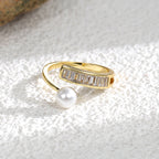 R0065 Ladder Cubic Zirconia Pearl Open18K Gold Electroplated Ring Women's Fashion Shell Pearl Ring