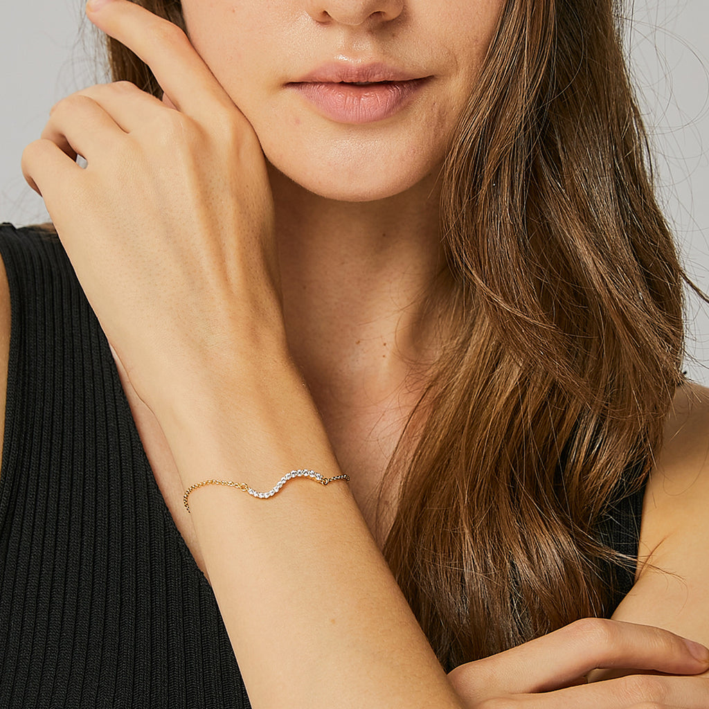 B0007 Small S Curved Bracelet Diamond-encrusted wavy twisted wire Gold-Plated Copper Jewelry