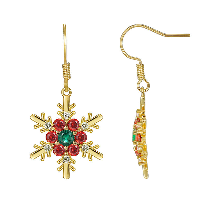 E0537 New Christmas Ornaments Snowflake Ear Hooks Female Brass Gold Plated Inlaid Zircon Earrings